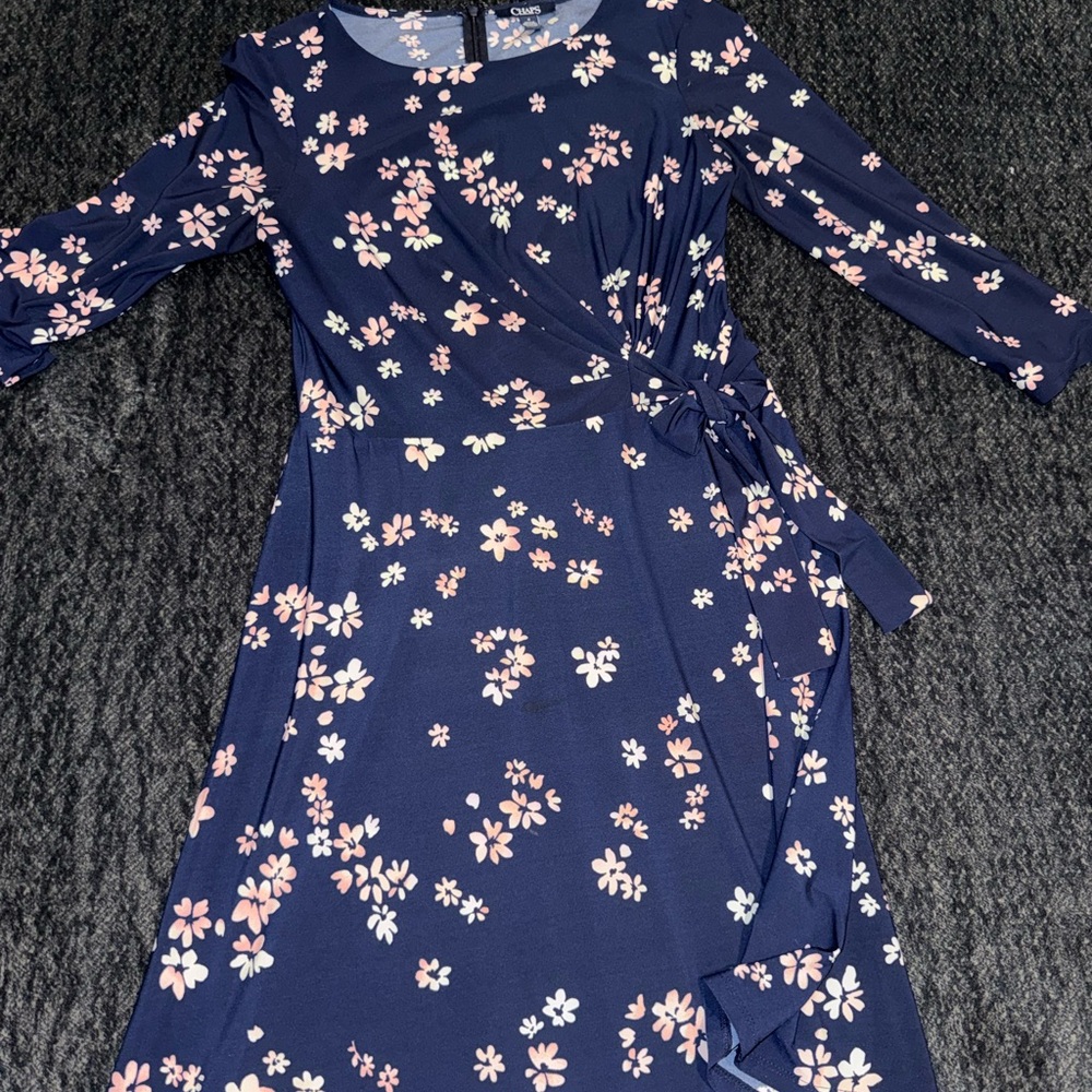 Chaps Navy Floral Tie-Waist Dress with Pink Floral Print